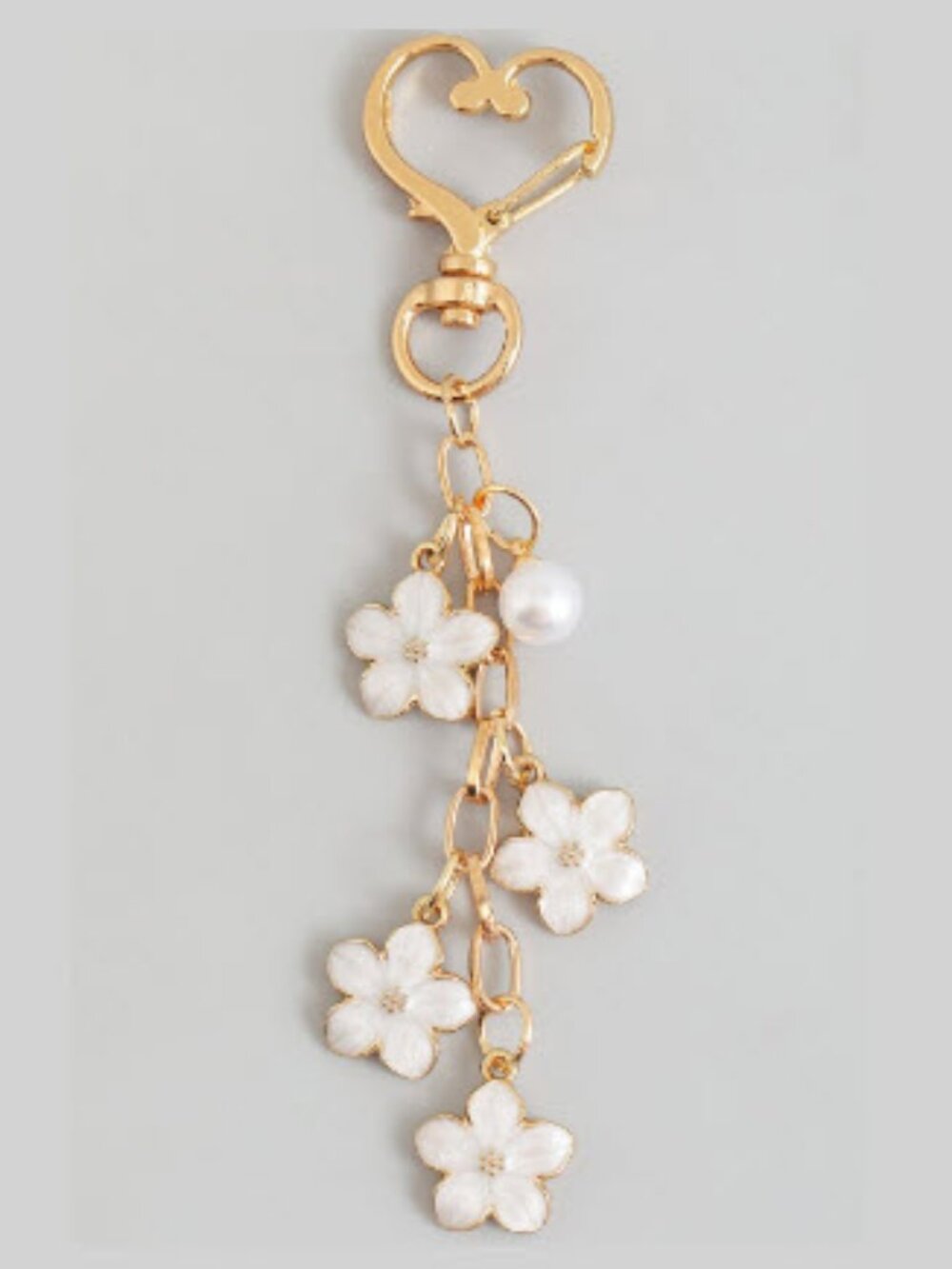 Laquered Flower and Pearl Bag Charm Keychain. 4" Long